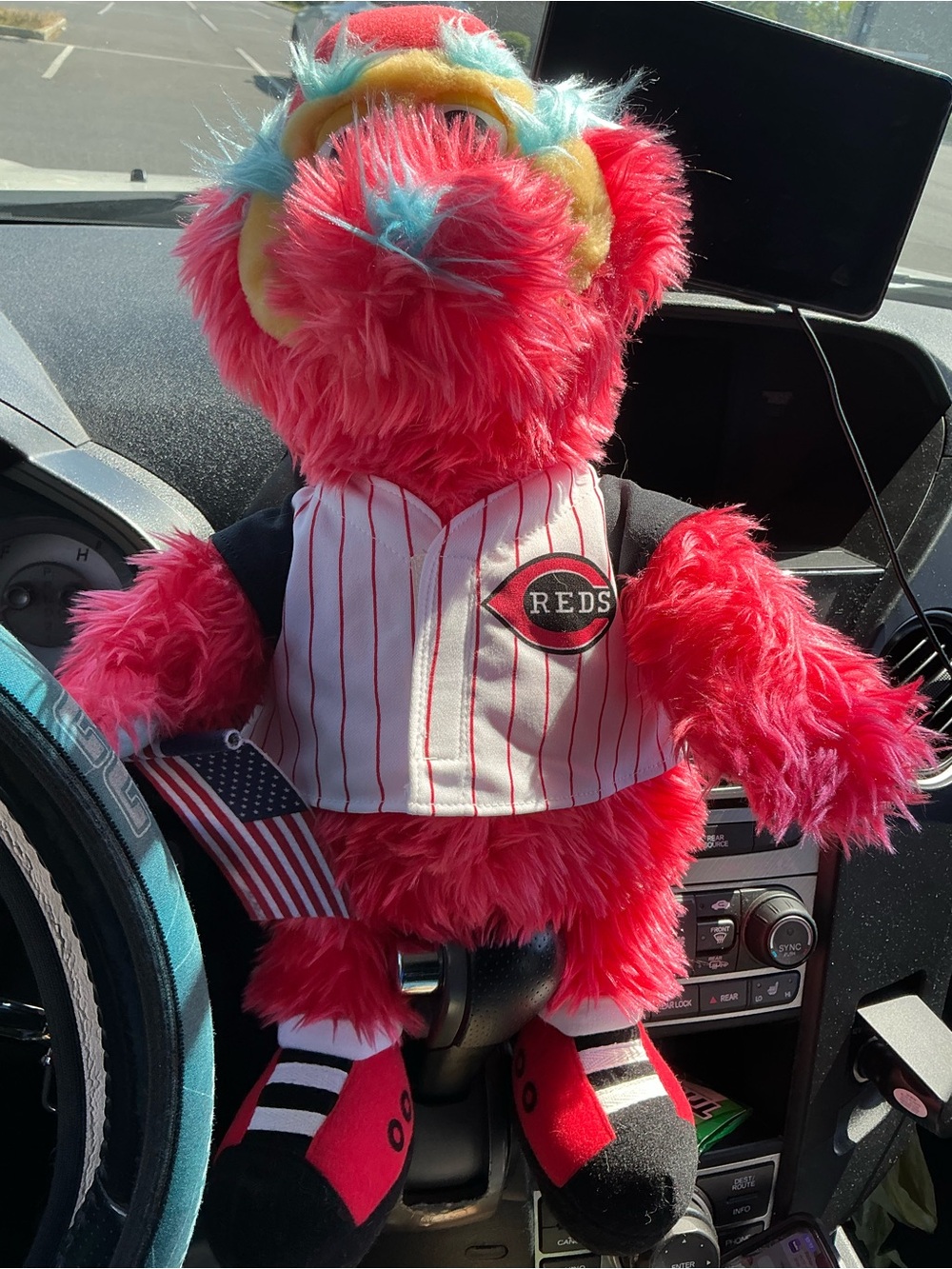 Red Plush Mascot Bear by Red with Pinstripe Jersey and American Flag